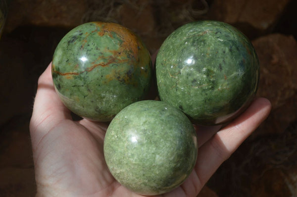 Polished Green Chrysoprase Spheres  x 4 From Madagascar