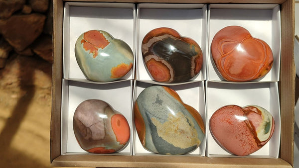 Polished Polychrome Jasper Hearts  x 6 From Mahajanga, Madagascar