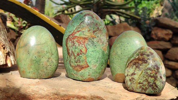 Polished Green Chrysoprase Hearts & Standing Free Forms  x 6 From Antsirabe, Madagascar