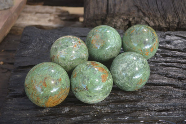 Polished Chrysoprase Spheres x 6 From Ambatondrazaka, Madagascar