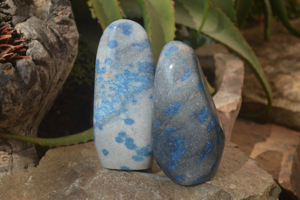 Polished Blue Spinel Spotted Quartz Standing Free Forms x 2 From Madagascar