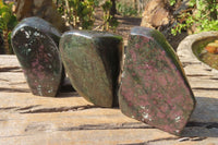 Polished Ruby Corundum in Chrome Verdite Standing Free Forms x 3 From Zimbabwe