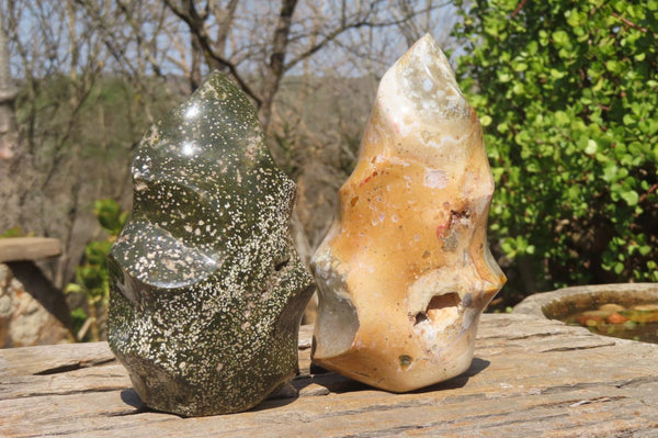 Polished Ocean Jasper Flame Sculptures x 2 From Madagascar