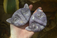 Polished Lepidolite Cat Face Carvings x 3 From Zimbabwe