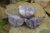 Polished Lepidolite Cat Face Carvings x 3 From Zimbabwe