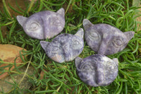 Polished Lepidolite Cat Face Carvings x 4 From Zimbabwe