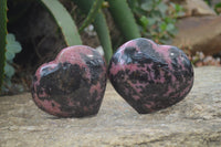 Polished Rhodonite Hearts x 2 From Ambindavato, Madagascar