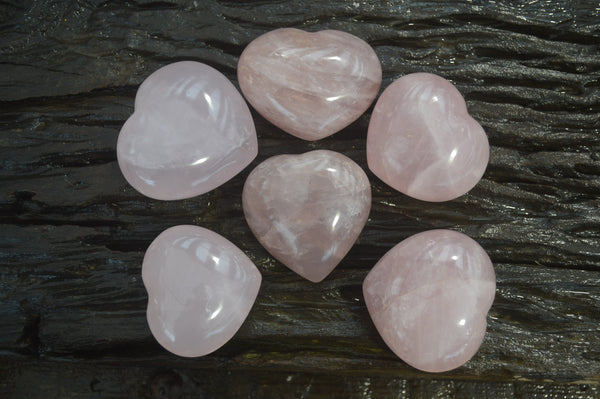 Polished Pink Rose Quartz Gemstone Hearts x 6 From Madagascar