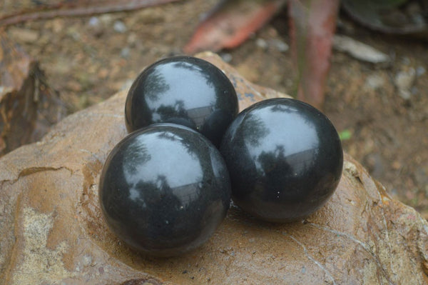 Polished Black Basalt Spheres x 3 From Antsirabe, Madagascar