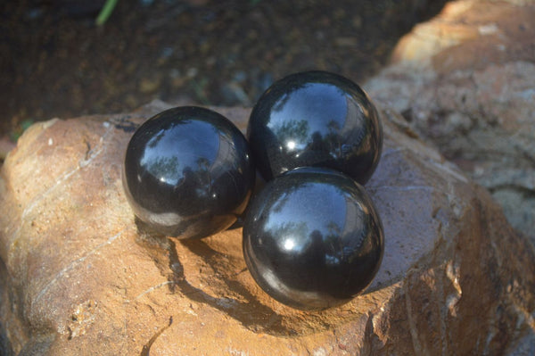 Polished Black Basalt Sphere-Ball x 3 From Antsirabe, Madagascar