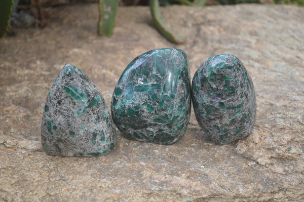 Polished Rare Emerald Mica In Matrix Standing Free Forms x 3 From Mutoko, Zimbabwe