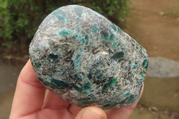 Polished Rare Emerald Mica In Matrix Standing Free Forms x 3 From Mutoko, Zimbabwe