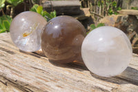 Polished Clear & Smokey Quartz Crystal Balls x 3 From Madagascar