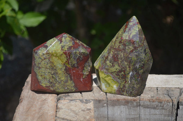 Polished Bastite Dragons Blood Stone Points x 2 From Tshipise, South Africa