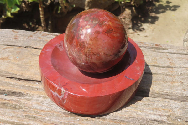 Polished Red Podocarpus Petrified Wood Sphere & Dish x 2 From Madagascar