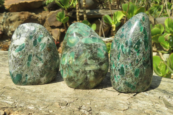 Polished Rare Emerald Mica In Matrix Standing Free Forms x 3 From Mutoko, Zimbabwe