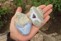 Polished On One Side Blue Lace Agate Geode Specimens x 12 From Malawi