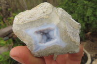 Polished On One Side Blue Lace Agate Geode Specimens x 12 From Malawi