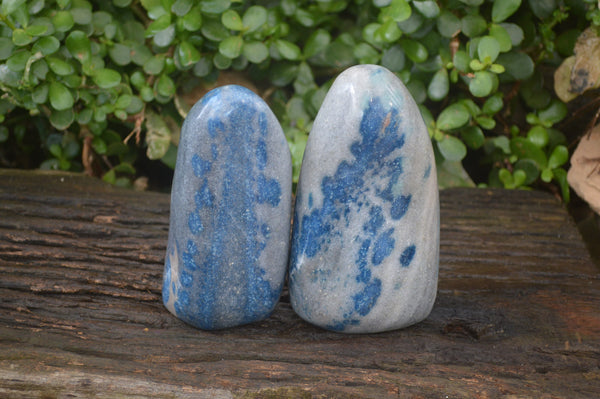 Polished Blue Spinel Spotted Quartz Standing Free Forms x 2 From Madagascar