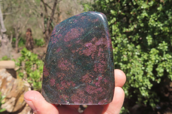 Polished Ruby Corundum In Chrome Verdite Standing Free Forms x 3 From Zimbabwe