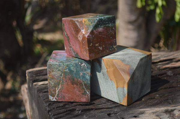 Polished 8th Vein Ocean Jasper Cubes x 2 and Polychrome Jasper Cube x 1 From Marovato, Madagascar