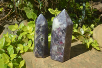 Polished Lepidolite with Pink Rubellite Point-Prisms x 2 From Ambatondrazaka, Madagascar