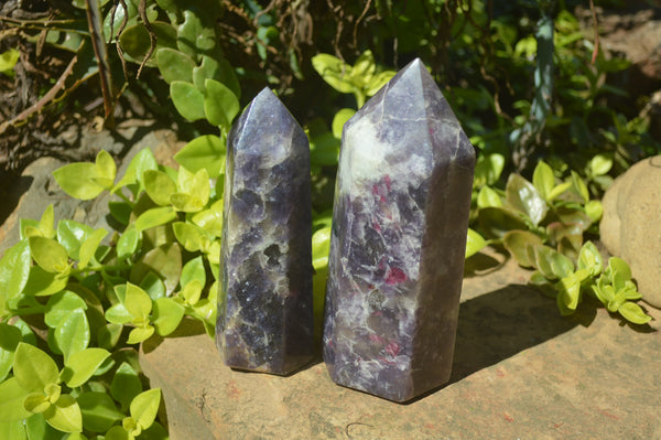 Polished Lepidolite with Pink Rubellite Point-Prisms x 2 From Ambatondrazaka, Madagascar