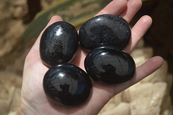 Polished Schorl Black Tourmaline and Calcite Galet-Palm Stones x 8 From Madagascar