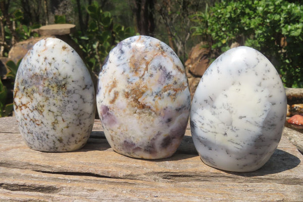 Polished Dendritic Opal Standing Free Forms x 3 From Moralambo, Madagascar