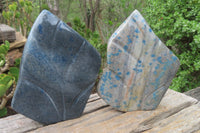 Polished Blue Spinel Spotted Quartz Leaf Sculptures x 2 From Madagascar