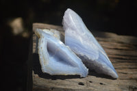 Polished On One Side Blue Lace Agate Geode Specimens x 3 From Malawi