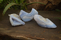 Polished On One Side Blue Lace Agate Geode Specimens x 3 From Malawi