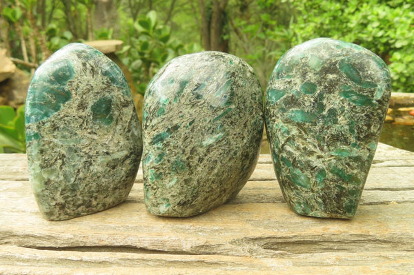 Polished Rare Emerald Mica In Matrix Standing Free Forms x 3 From Mutoko, Zimbabwe