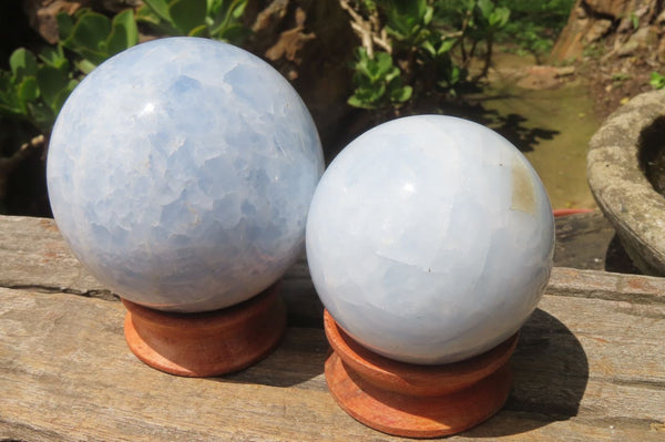 Polished Blue Calcite Spheres x 2 From Madagascar