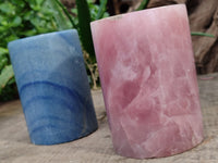 Polished Banded Rose Quartz and Blue Marble Candle Holders x 2 From Southern Africa