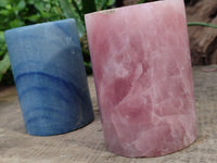 Polished Banded Rose Quartz and Blue Marble Candle Holders x 2 From Southern Africa