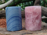 Polished Banded Rose Quartz and Blue Marble Candle Holders x 2 From Southern Africa