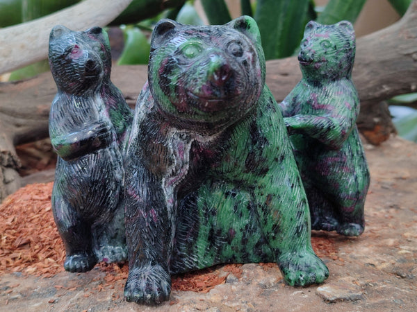 Polished Rare Hand Made Ruby Zoisite Bear and Cubs Carving x 1 From Tanzania