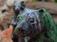 Polished Rare Hand Made Ruby Zoisite Bear and Cubs Carving x 1 From Tanzania