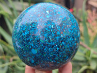 Polished Chrysocolla Conglomerate Spheres on a Wood Stand x 1 From Congo