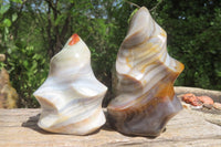 Polished Banded Agate Flame Sculptures x 2 From Madagascar