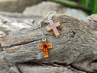 Polished Pair of Baltic Amber Cross Carved Earrings In Sterling Silver - Sold Per Pair - From Poland