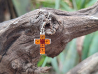 Polished Pair of Baltic Amber Cross Carved Earrings In Sterling Silver - Sold Per Pair - From Poland