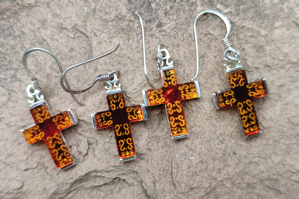 Polished Pair of Baltic Amber Cross Carved Earrings In Sterling Silver - Sold Per Pair - From Poland