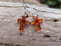 Polished Pair of Baltic Amber Cross Carved Earrings In Sterling Silver - Sold Per Pair - From Poland