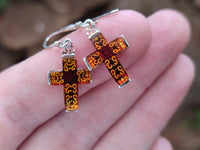 Polished Pair of Baltic Amber Cross Carved Earrings In Sterling Silver - Sold Per Pair - From Poland