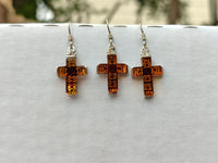 Polished Pair of Baltic Amber Cross Carved Earrings In Sterling Silver - Sold Per Pair - From Poland