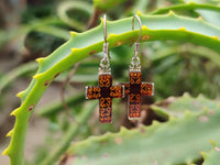 Polished Pair of Baltic Amber Cross Carved Earrings In Sterling Silver - Sold Per Pair - From Poland