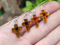 Polished Pair of Baltic Amber Cross Carved Earrings In Sterling Silver - Sold Per Pair - From Poland