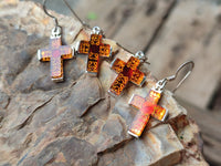 Polished Pair of Baltic Amber Cross Carved Earrings In Sterling Silver - Sold Per Pair - From Poland